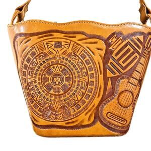 Hand Tooled Leather Bag Purse Tan 1970's Mexico Ornate Vintage Shoulderbag Chic